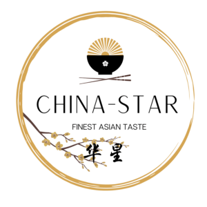 Elegantes Logo von China-Star mit Reisschüssel, Sonne und Kirschblütenzweig, Schwarz-Gold.