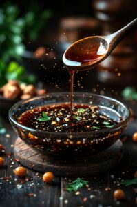 Soy Sauce Drizzling into Bowl with Sesame Seeds and Parsley
