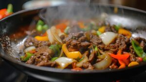 Stirfried beef and vegetables in the pan, closeup of food cooking on top with hot oil sizzling around it, vibrant colors from colorful peppers